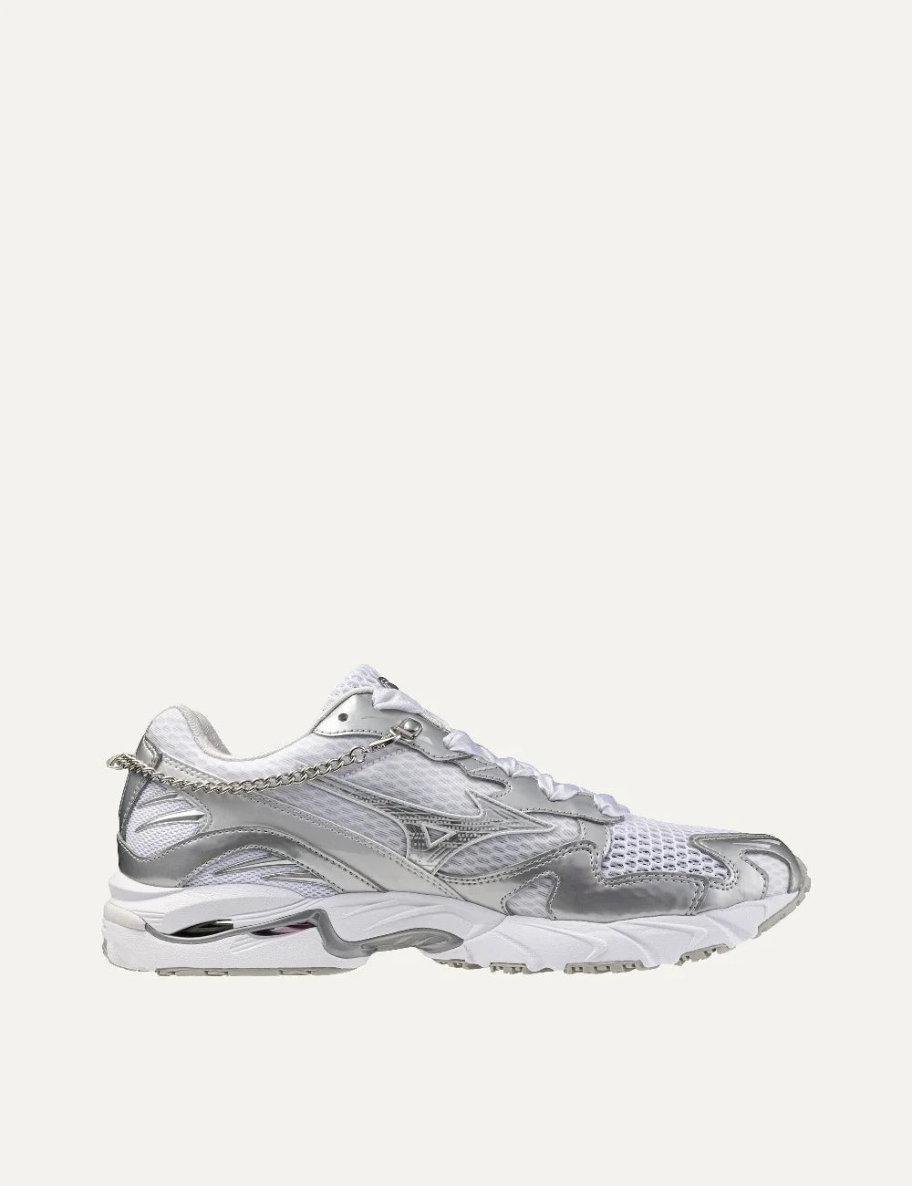 Mizuno Wave Rider 10 Jewels white sneakers with silver metallic overlays, breathable mesh panels, removable silver chain and sculpted white sole.