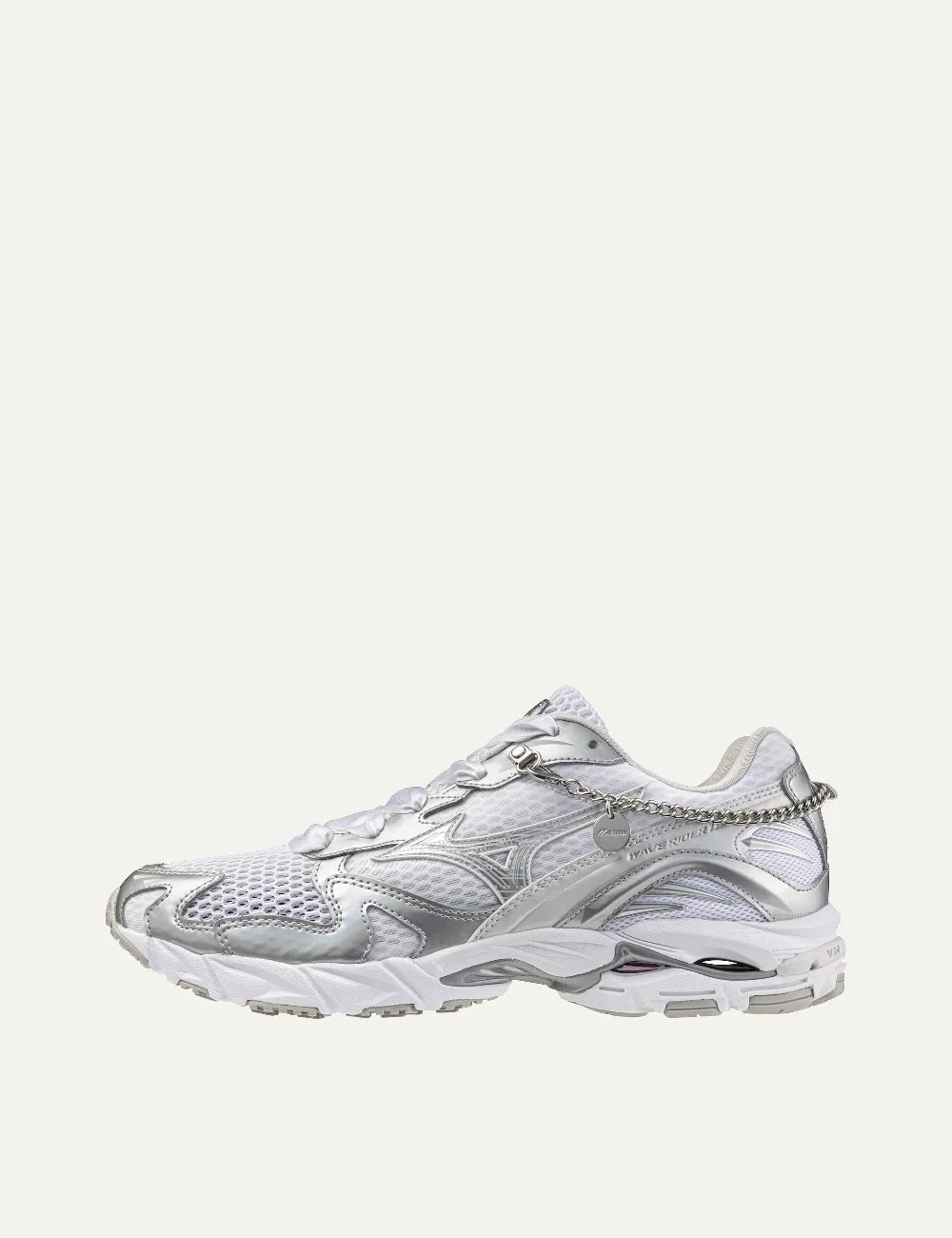 Mizuno Wave Rider 10 Jewels white sneakers with silver metallic overlays, breathable mesh panels, removable silver chain and sculpted white sole profile