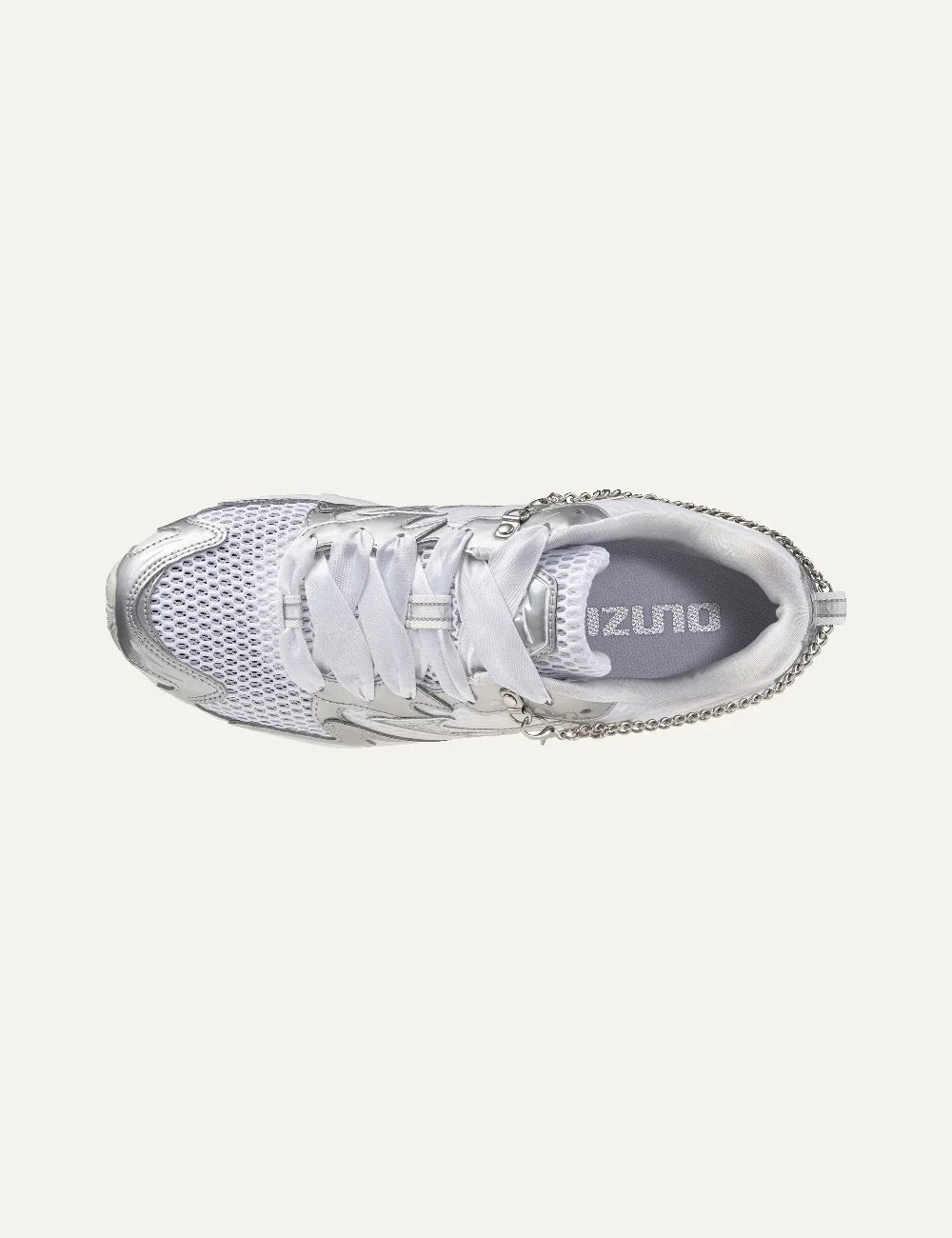 Mizuno Wave Rider 10 Jewels white sneakers with silver metallic overlays, breathable mesh panels, removable silver chain and sculpted white sole top