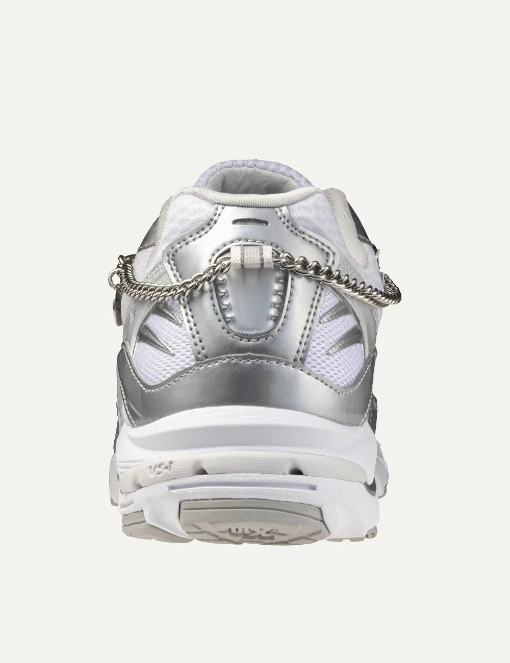 Mizuno Wave Rider 10 Jewels white sneakers with silver metallic overlays, breathable mesh panels, removable silver chain and sculpted white sole back