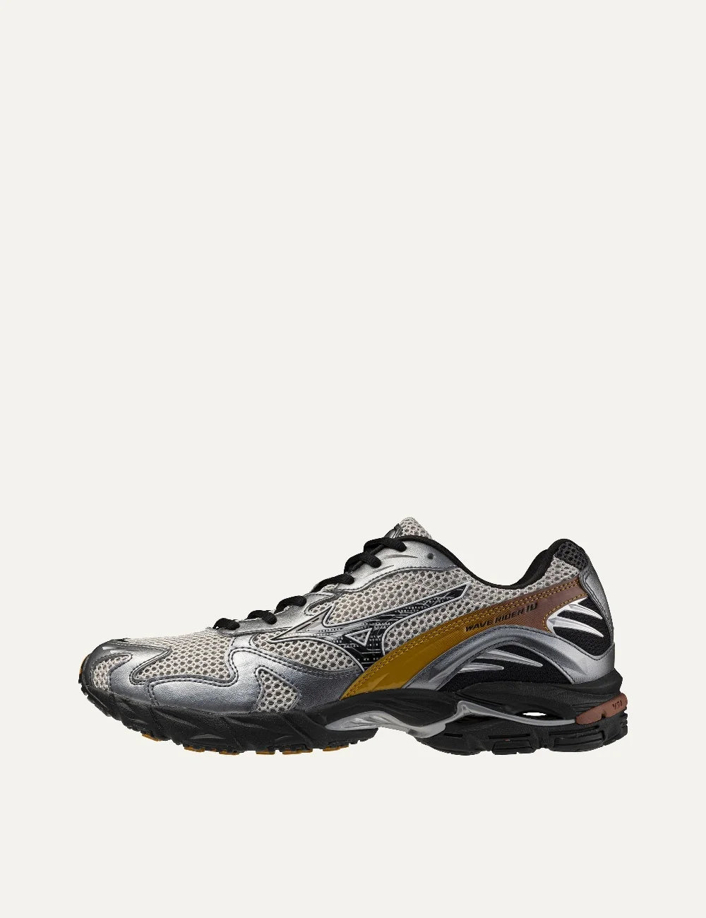 Mizuno Wave Rider 10 Sport grey mesh sneakers with metallic silver overlays, black laces, mustard yellow accents and chunky black sole profile