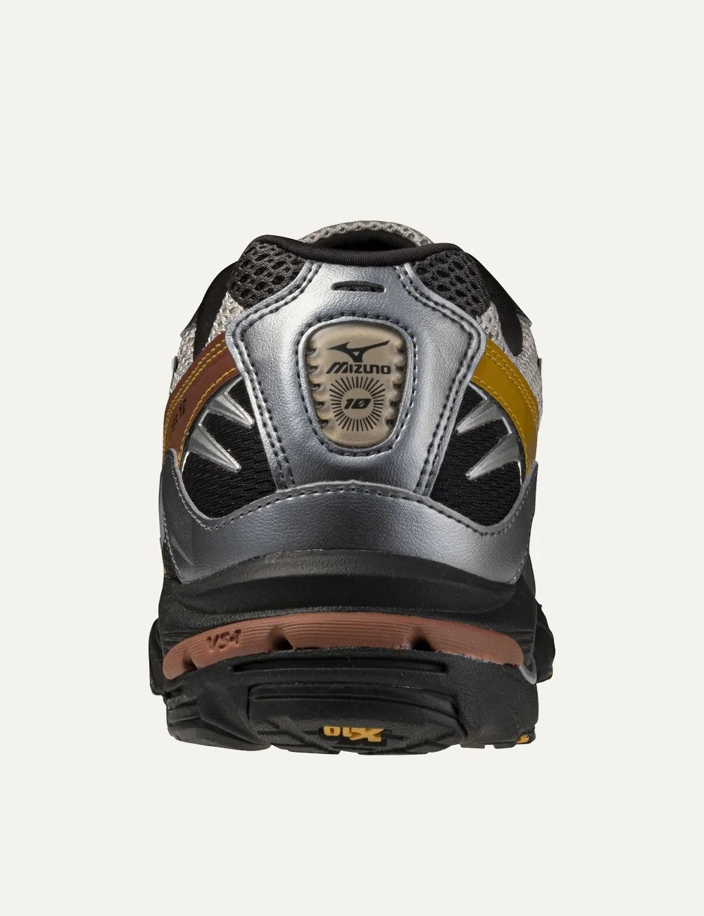 Mizuno Wave Rider 10 Sport grey mesh sneakers with metallic silver overlays, black laces, mustard yellow accents and chunky black sole back