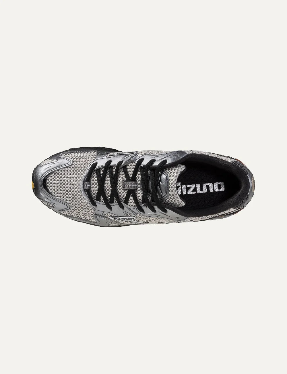 Mizuno Wave Rider 10 Sport grey mesh sneakers with metallic silver overlays, black laces, mustard yellow accents and chunky black sole top