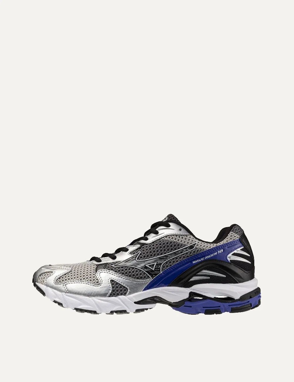 Mizuno Wave Rider 10 Sport white mesh sneakers with metallic silver overlays, black side logo, white laces and chunky sculpted sole profile