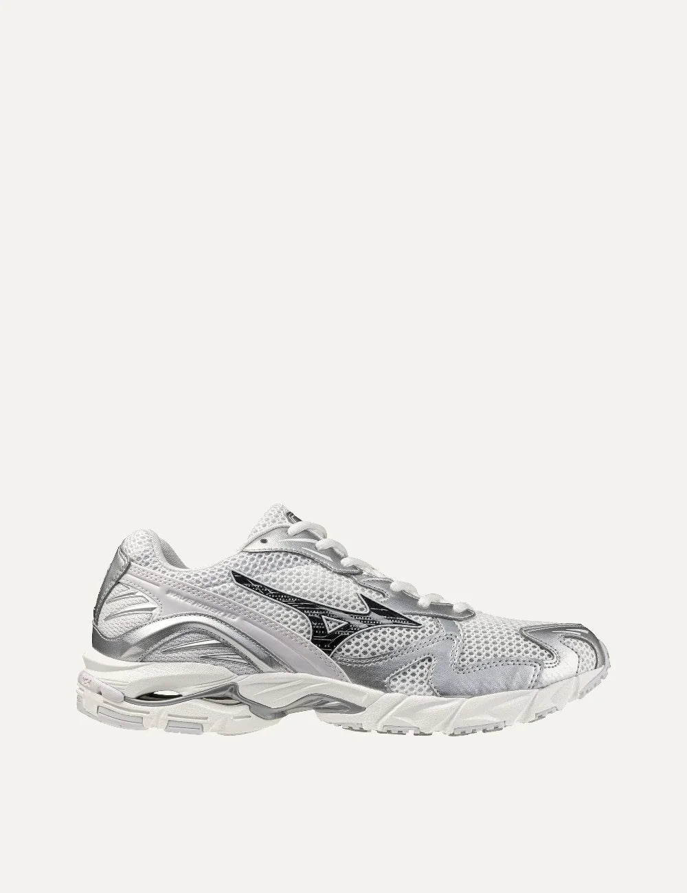 Mizuno Wave Rider 10 Sport white mesh sneakers with metallic silver overlays, black side logo, white laces and chunky sculpted sole.