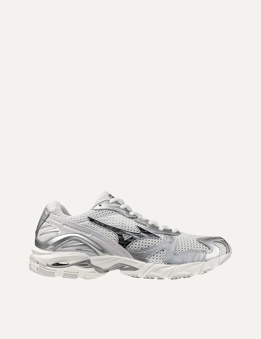 Mizuno Wave Rider 10 Sport white mesh sneakers with metallic silver overlays, black side logo, white laces and chunky sculpted sole.