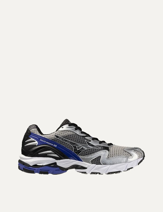 Mizuno Wave Rider 10 Sport white mesh sneakers with metallic silver overlays, black side logo, white laces and chunky sculpted sole.