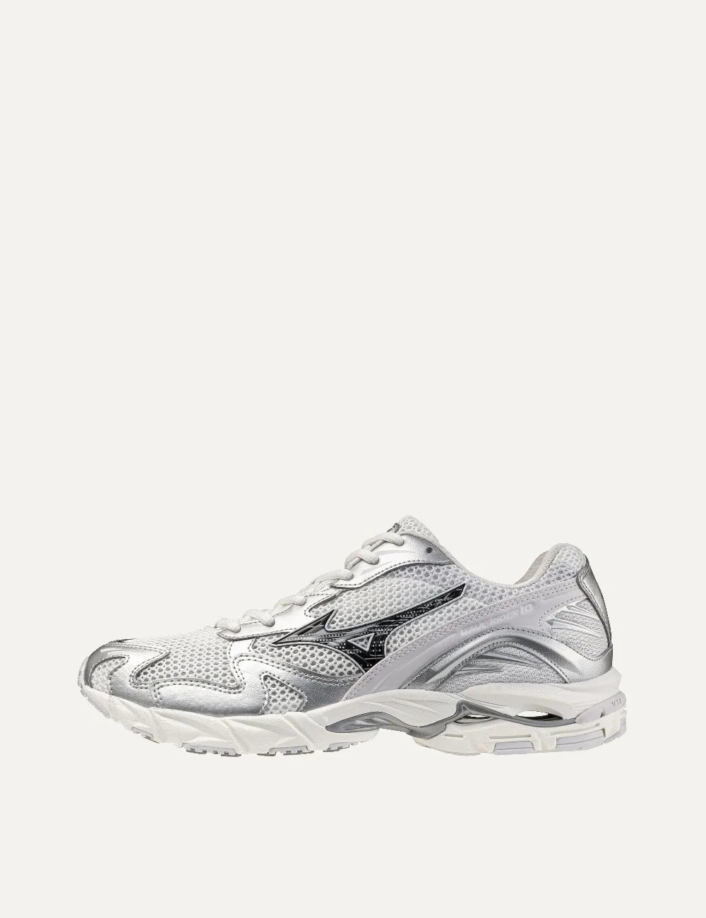 Mizuno Wave Rider 10 Sport white mesh sneakers with metallic silver overlays, black side logo, white laces and chunky sculpted sole profile