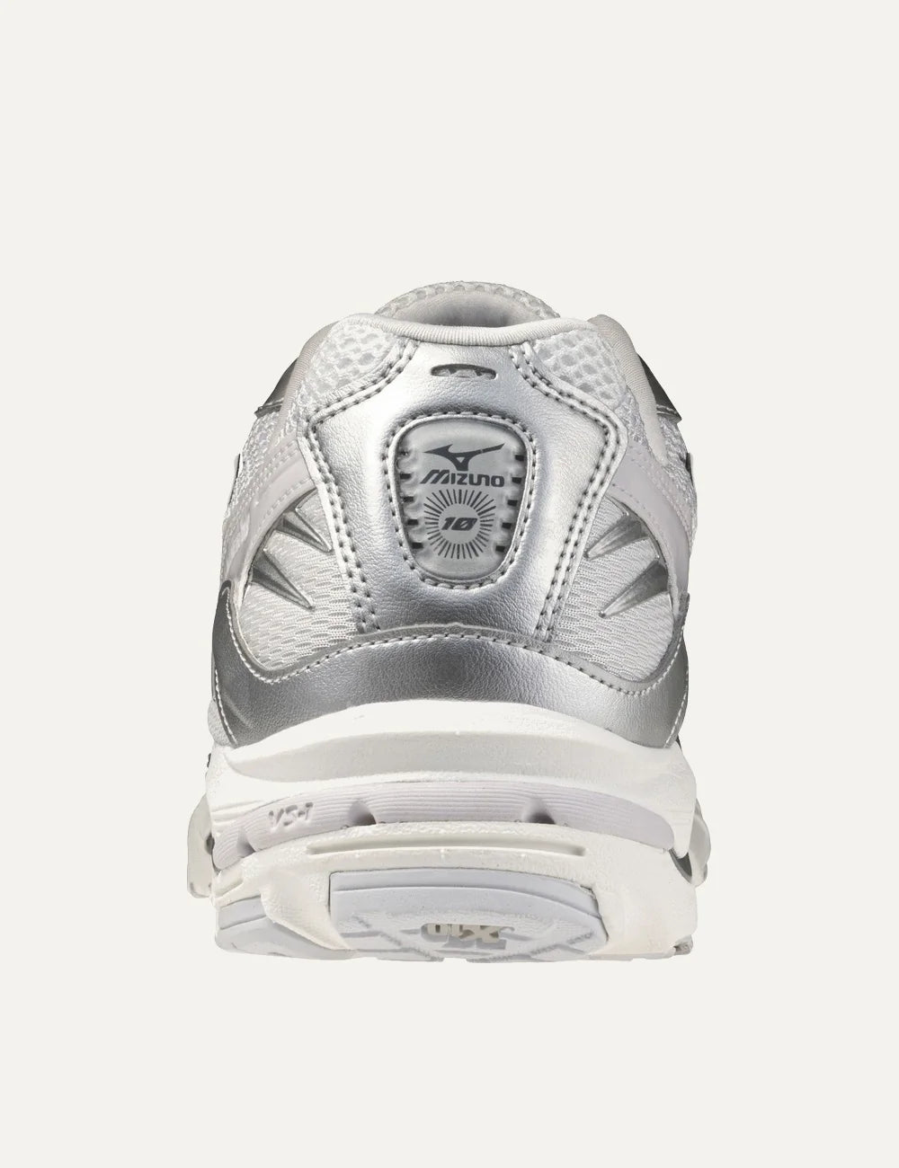 Mizuno Wave Rider 10 Sport white mesh sneakers with metallic silver overlays, black side logo, white laces and chunky sculpted sole back