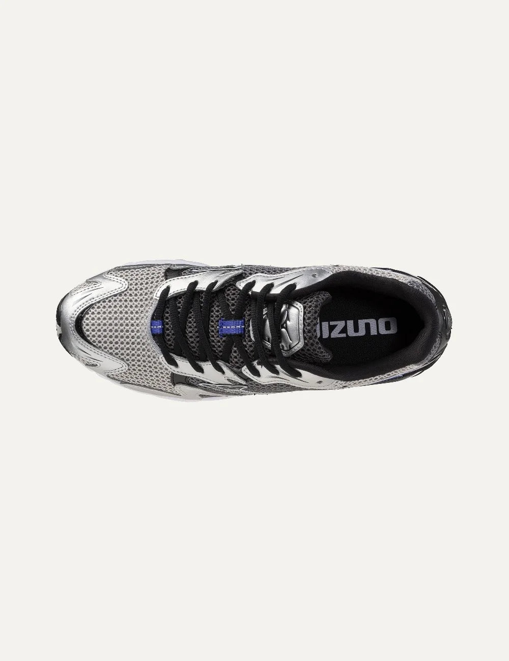 Mizuno Wave Rider 10 Sport white mesh sneakers with metallic silver overlays, black side logo, white laces and chunky sculpted sole top