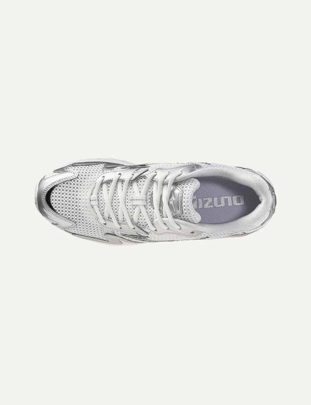 Mizuno Wave Rider 10 Sport white mesh sneakers with metallic silver overlays, black side logo, white laces and chunky sculpted sole top