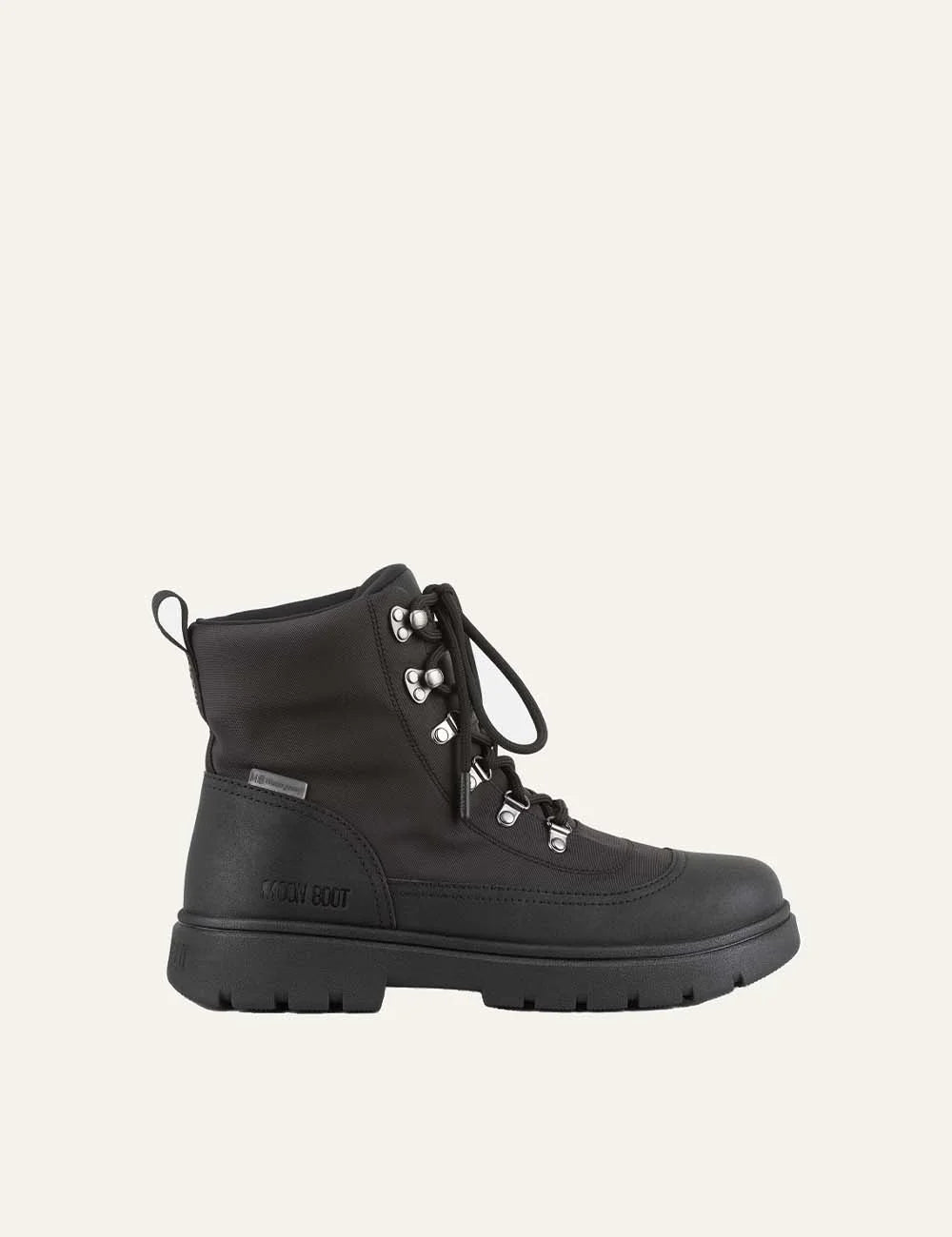 Moon Boot men Combat Boot black nylon waterproof boots with metal eyelets and EVA lug sole side view