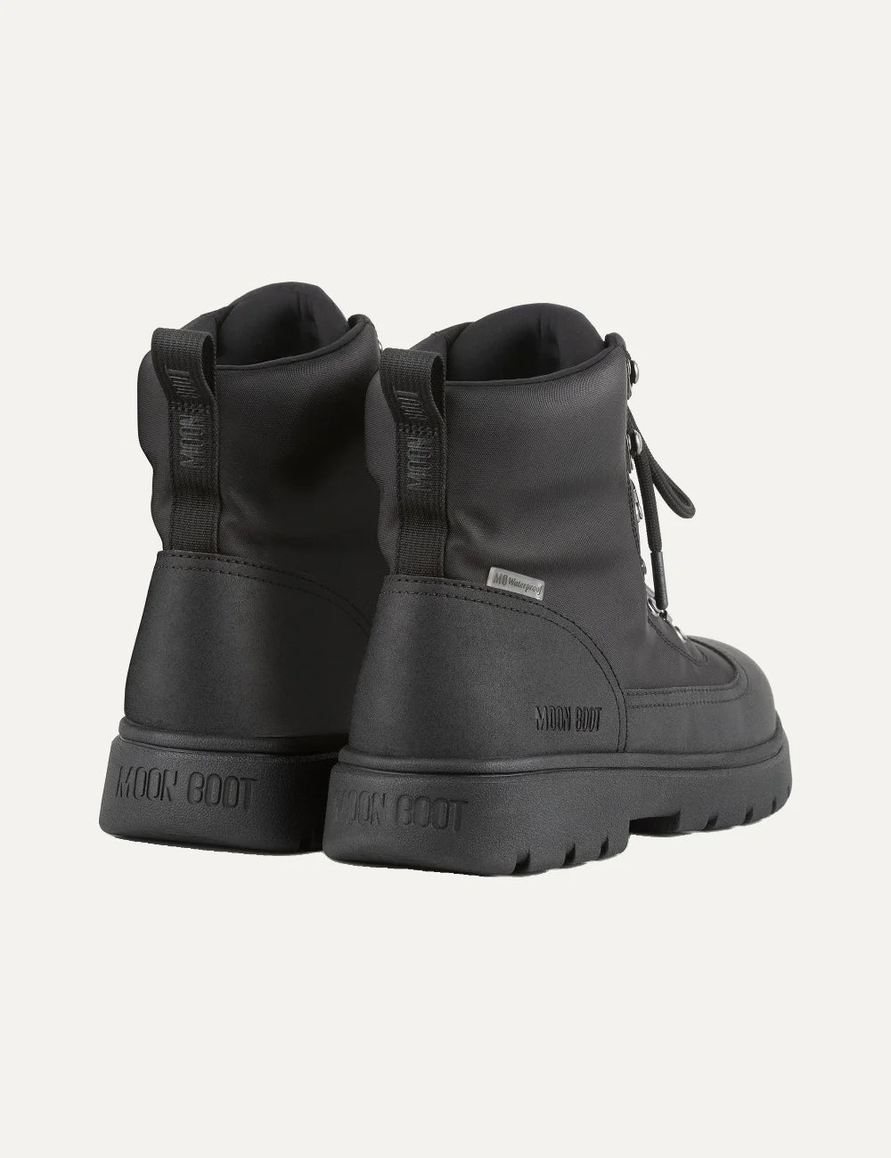 Moon Boot men Combat Boot black nylon waterproof boots with metal eyelets and EVA lug sole back view