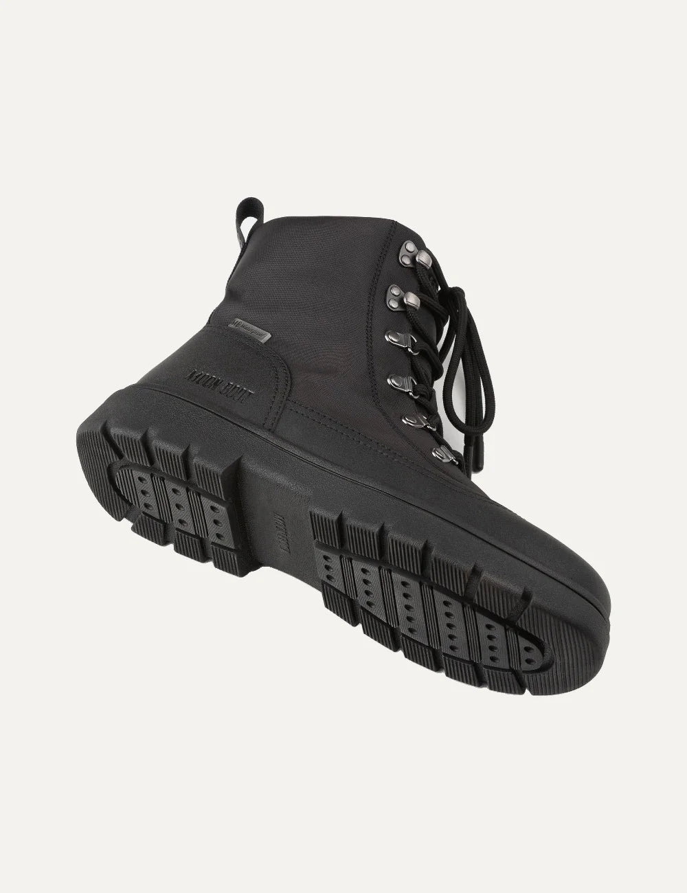 Moon Boot men Combat Boot black nylon waterproof boots with metal eyelets and EVA lug sole view