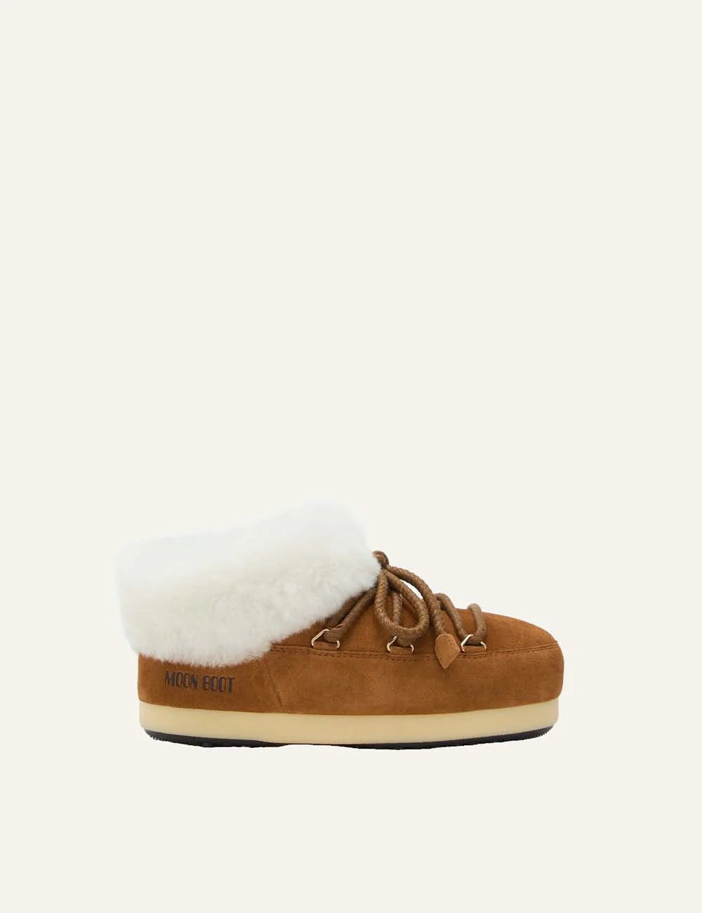 Moon Boot women EVX brown suede mules with white sheepskin trim and criss-cross laces side view