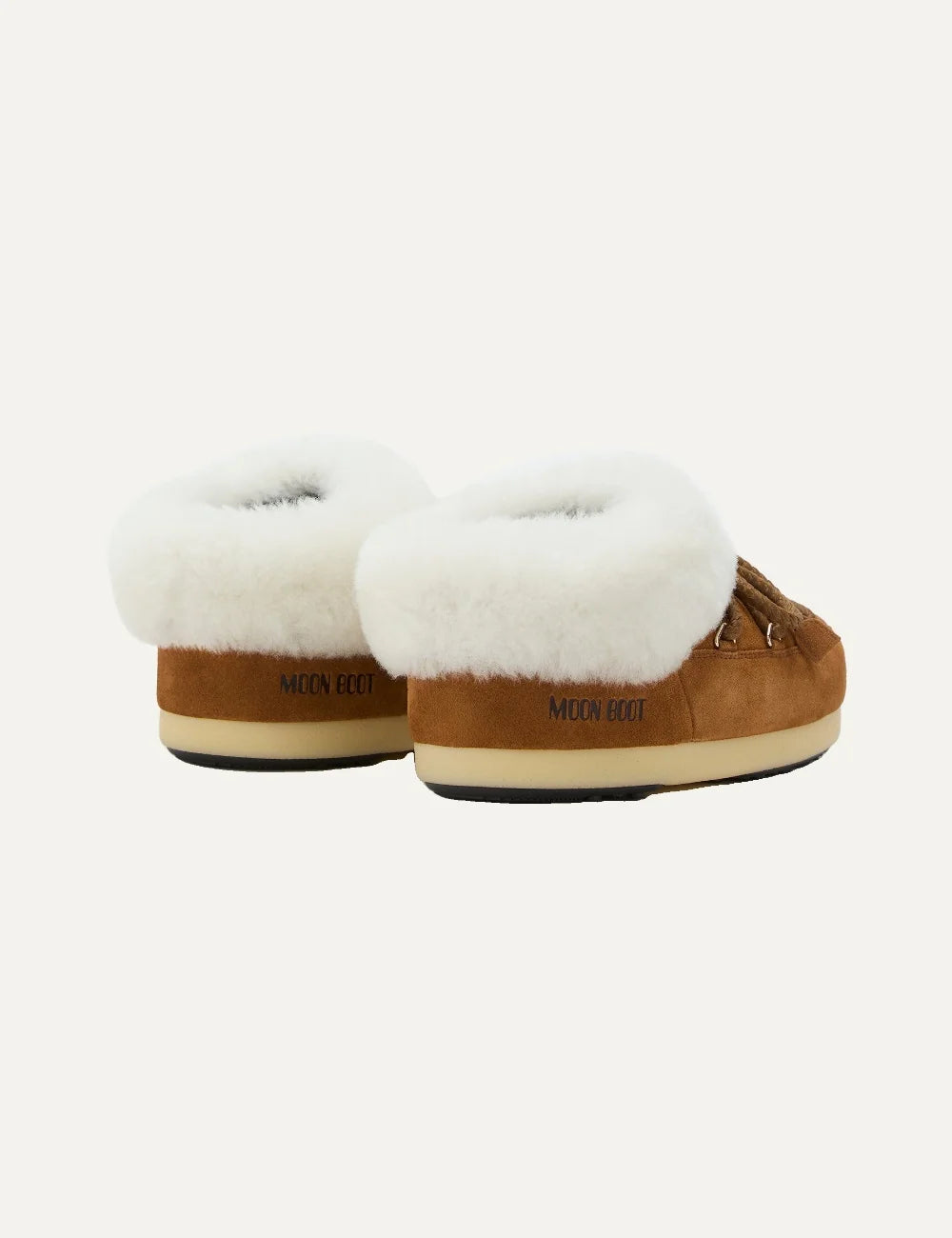 Moon Boot women EVX brown suede mules with white sheepskin trim and criss-cross laces back view