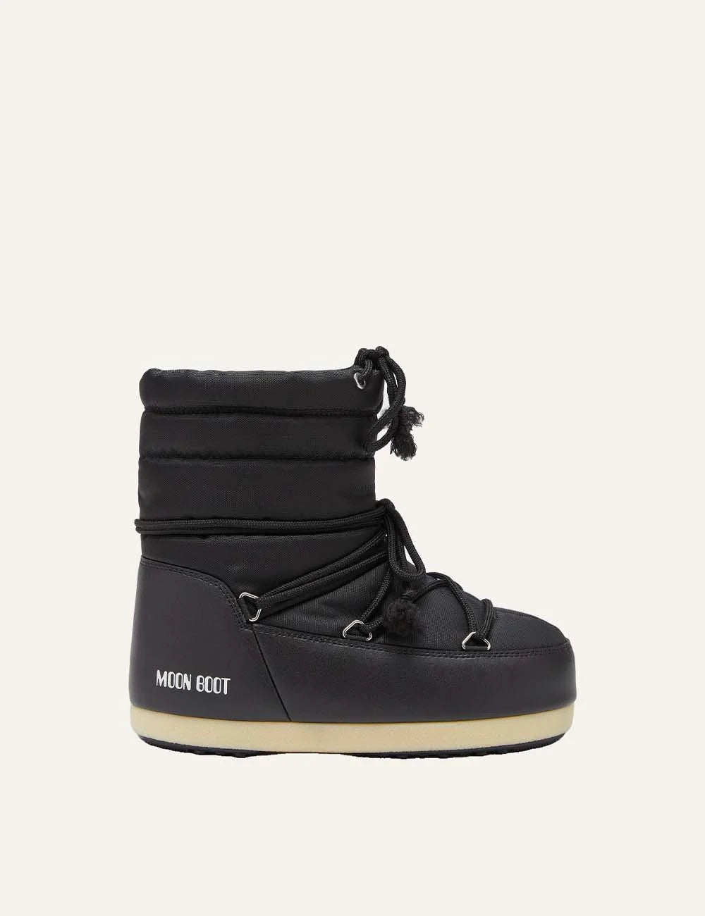 Moon Boot women EVX Light Low black nylon quilted boots with criss-cross laces and drawstring side view