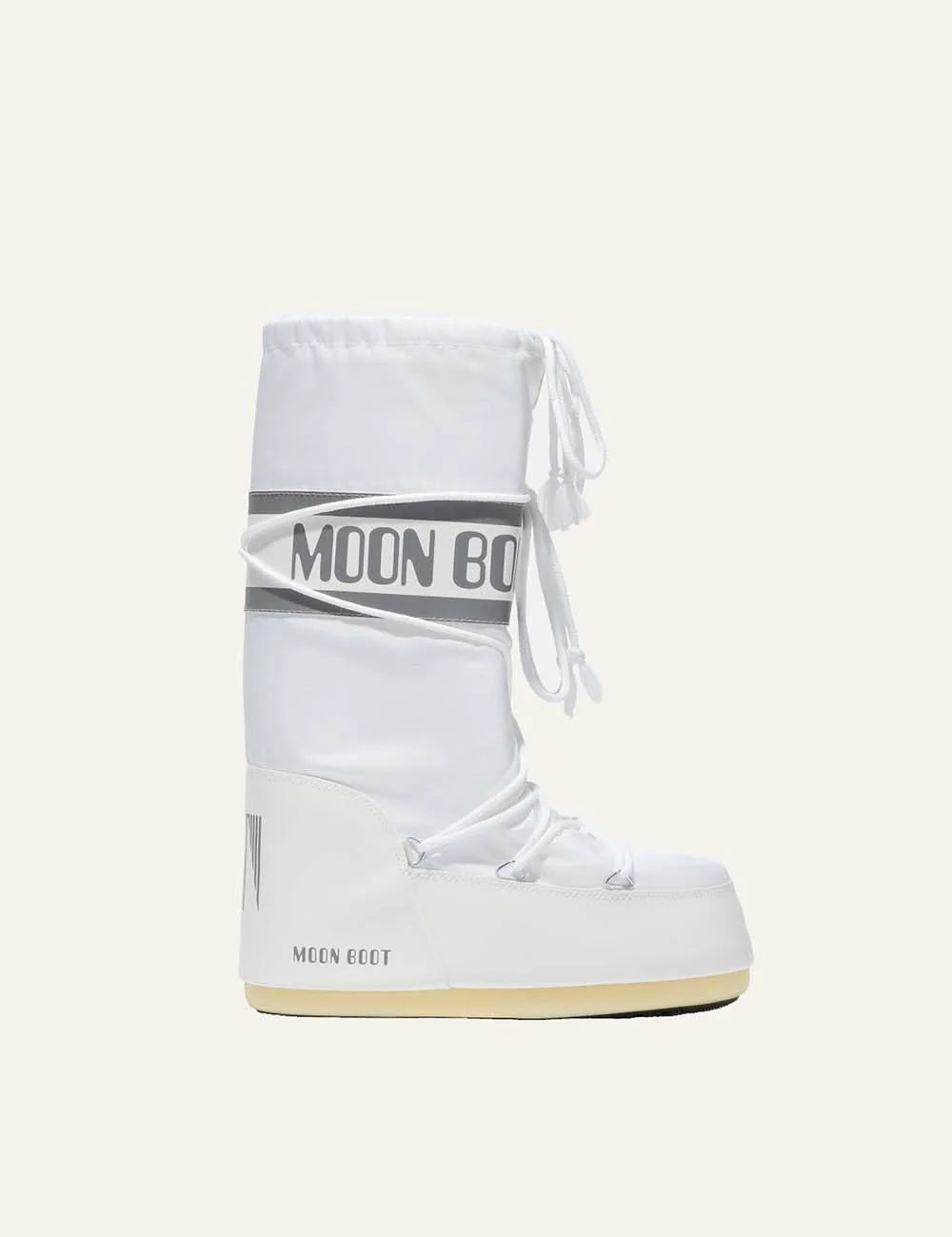 Moon Boot women Icon white nylon boots with logo panel and criss-cross laces side view