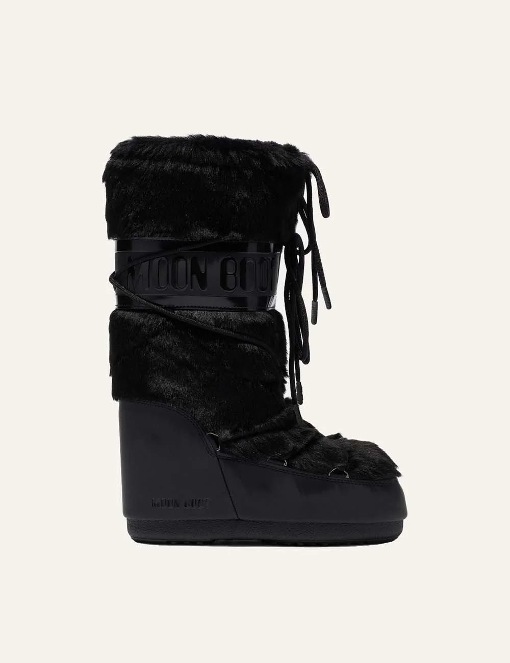 Moon Boot women Icon black faux fur boots with criss-cross laces and logo details side view