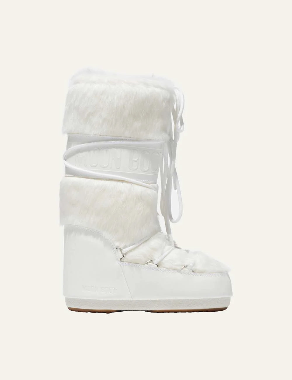 Moon Boot women Icon white faux fur boots with criss-cross laces and logo details side view