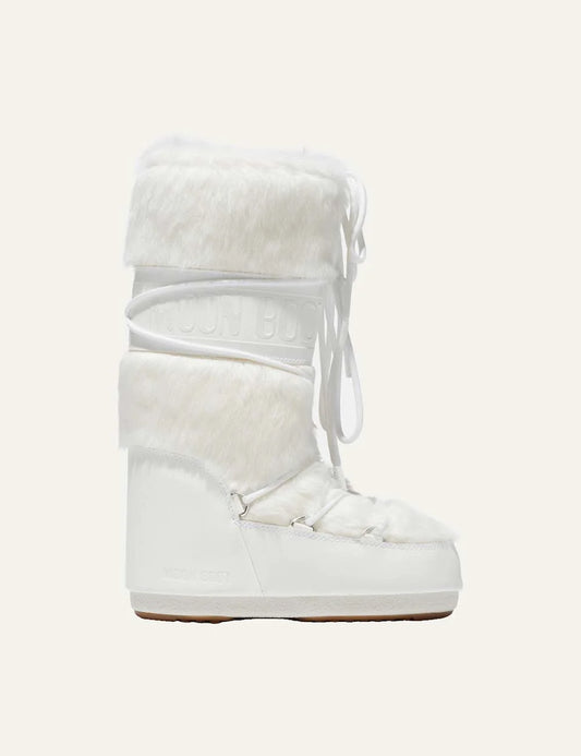 Moon Boot women Icon white faux fur boots with criss-cross laces and logo details side view