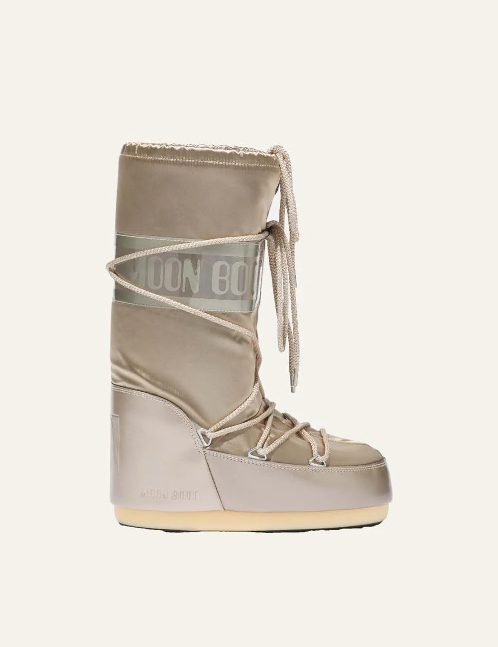 Moon Boot women Icon Glance Platinum satin boots with logo panel and criss-cross laces side view