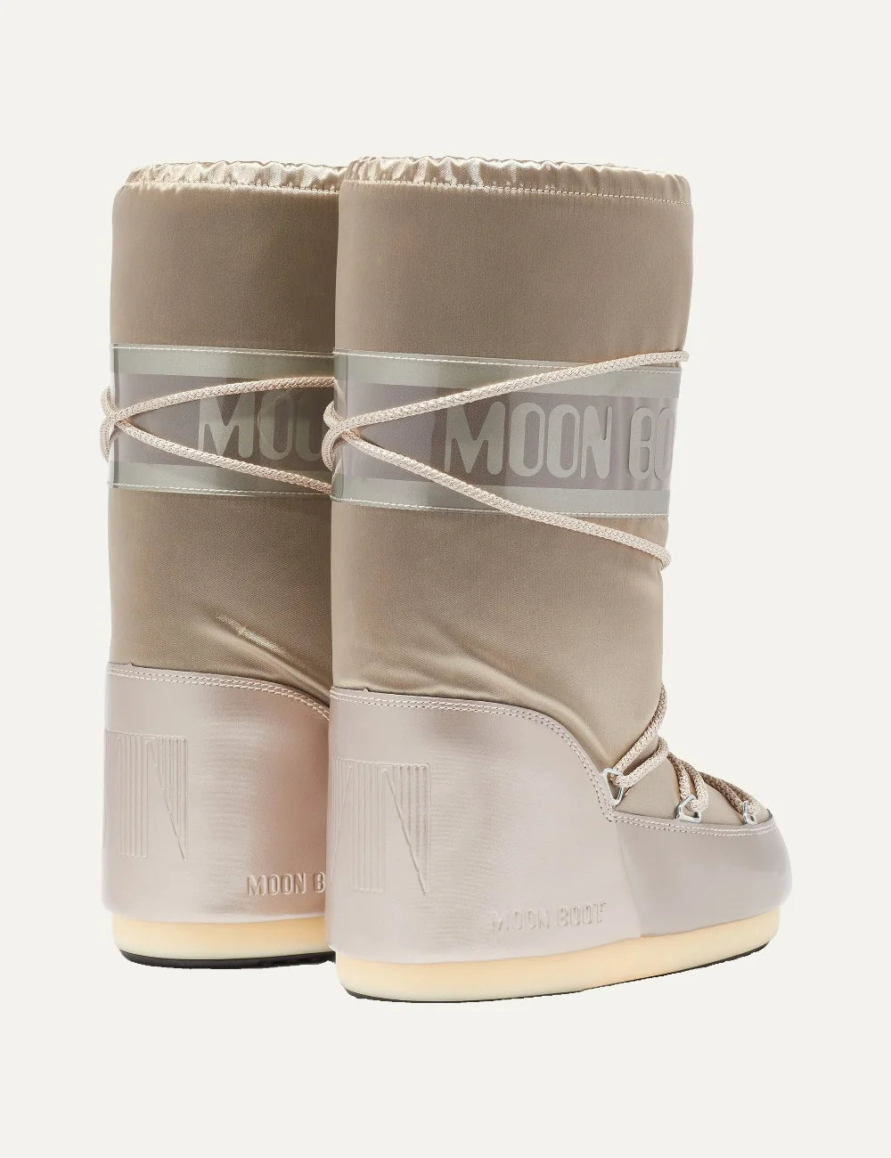 Moon Boot women Icon Glance Platinum satin boots with logo panel and criss-cross laces back view