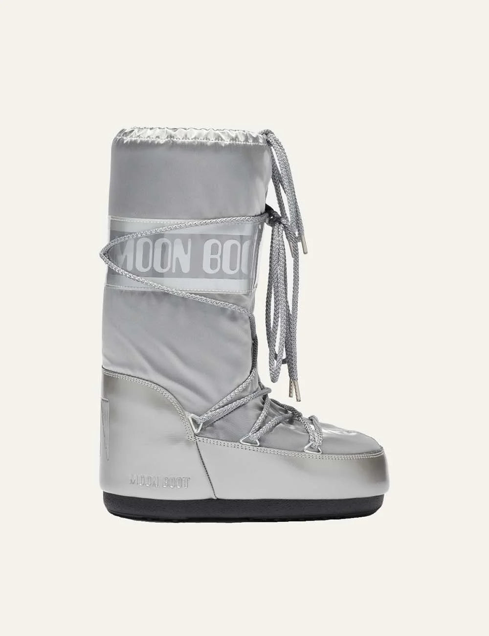 Moon Boot women Icon Glance silver satin boots with logo panel and criss-cross laces side view