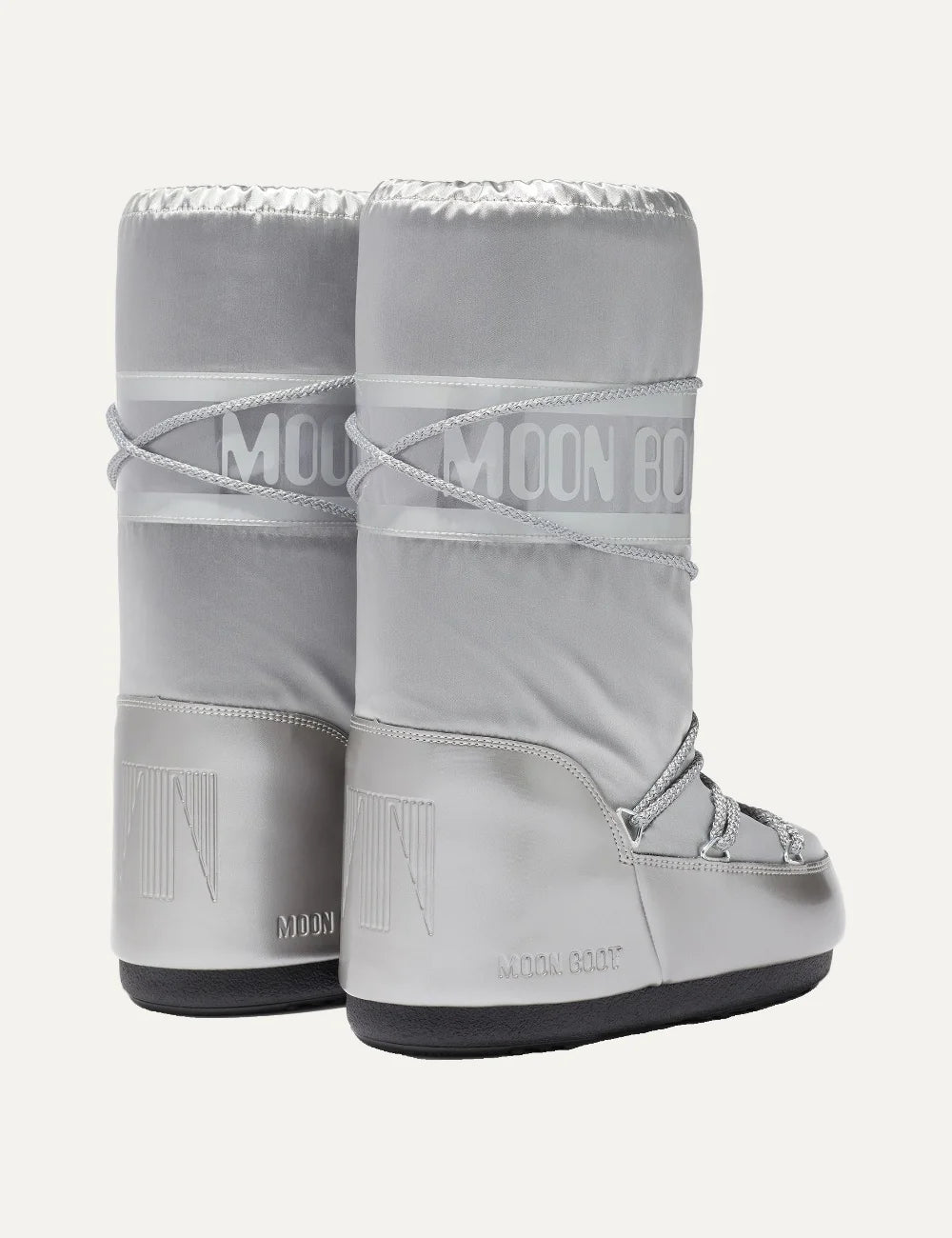 Moon Boot women Icon Glance silver satin boots with logo panel and criss-cross laces back view