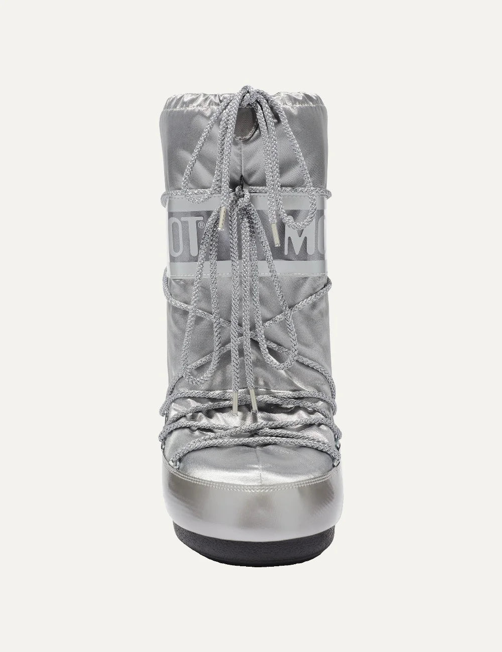 Moon Boot women Icon Glance silver satin boots with logo panel and criss-cross laces front view