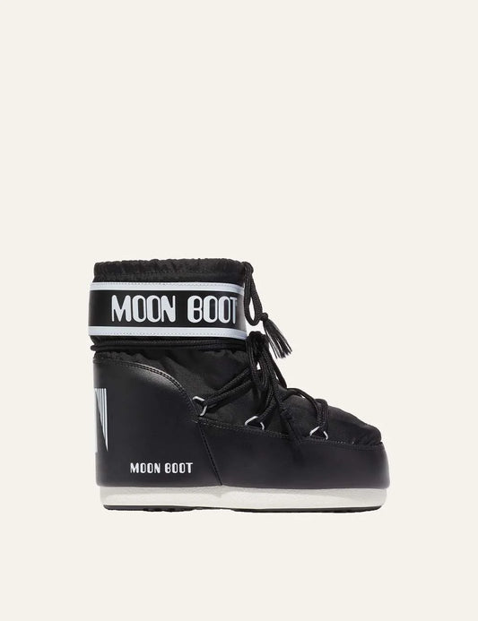 Moon Boot women Icon Low black nylon ankle boots with logo panel and criss-cross laces side view