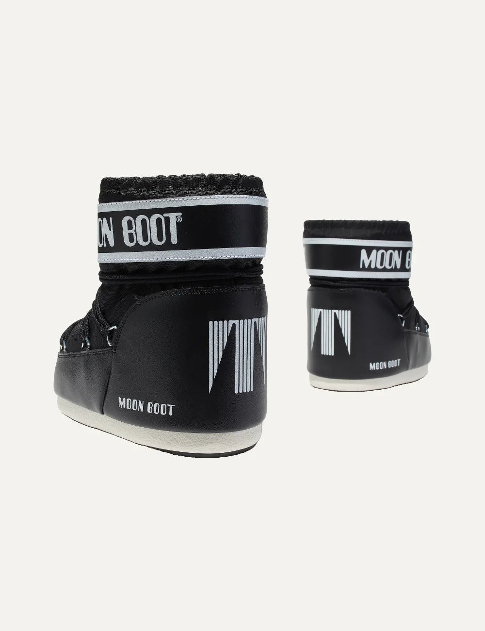 Moon Boot women Icon Low black nylon ankle boots with logo panel and criss-cross laces pair details