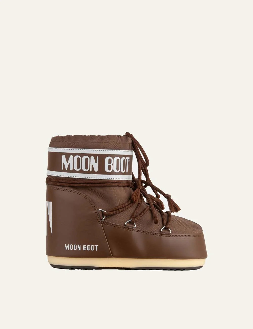 Moon Boot women Icon Low brown nylon ankle boots with logo panel and criss-cross laces side view