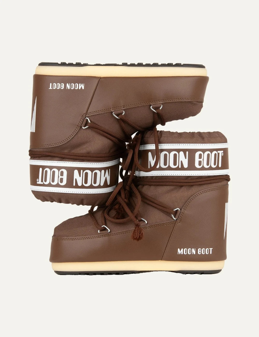 Moon Boot women Icon Low brown nylon ankle boots with logo panel and criss-cross laces pair details