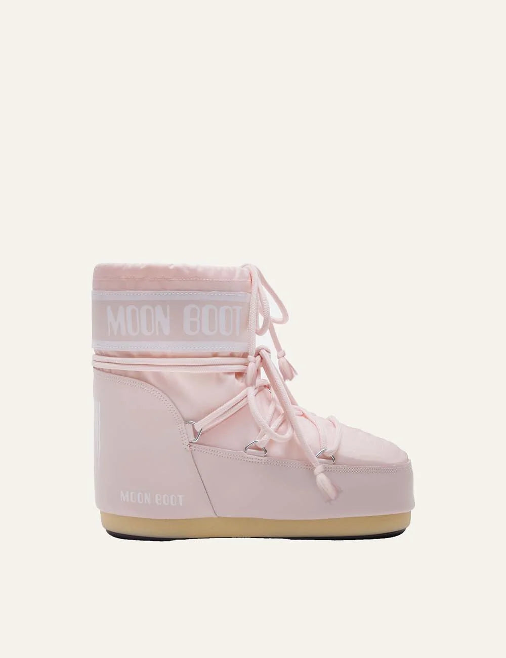 Moon Boot women Icon Low pink nylon boots with criss-cross laces and logo details side view