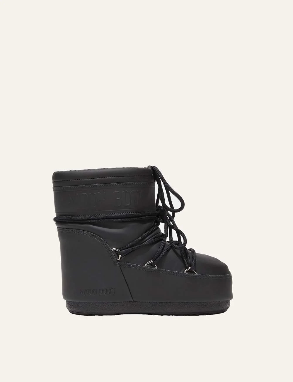 Moon Boot women Icon Low black rubber boots with criss-cross laces and embossed logo details side view