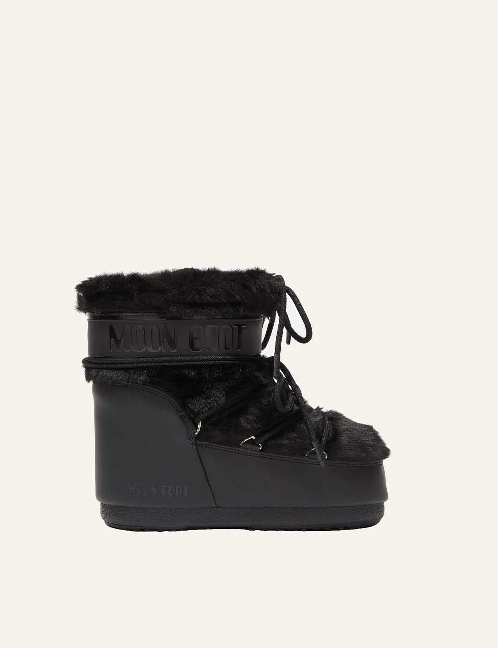 Moon Boot women Icon Low black faux fur boots with criss-cross laces and logo details side view