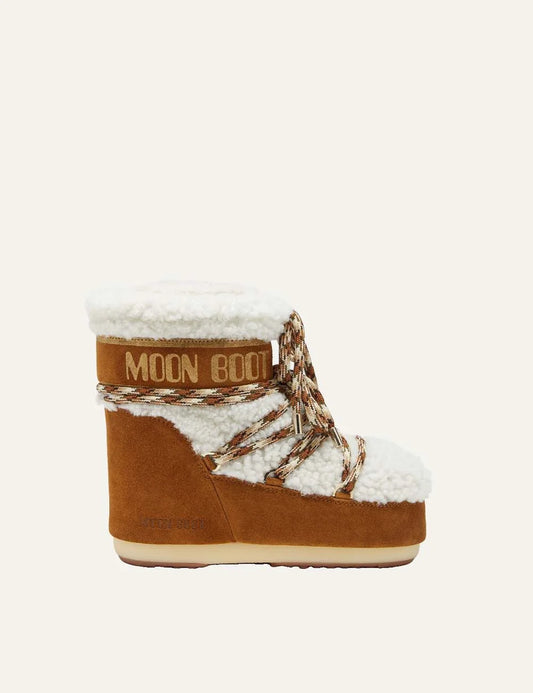 Moon Boot women Icon Low brown suede and cream shearling winter boots with criss-cross laces side view
