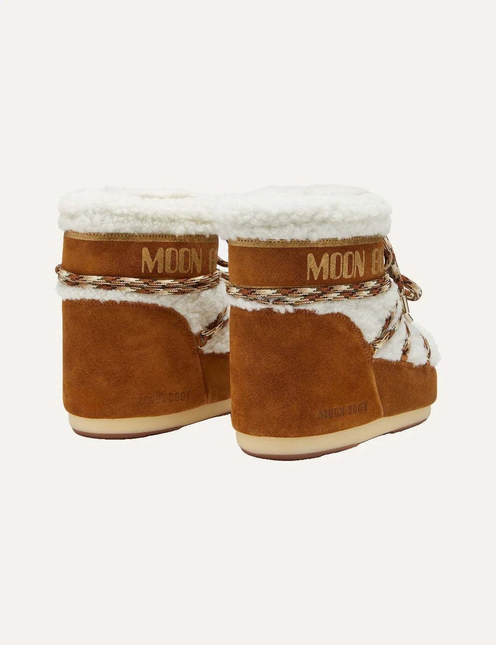 Moon Boot women Icon Low brown suede and cream shearling winter boots with criss-cross laces back view