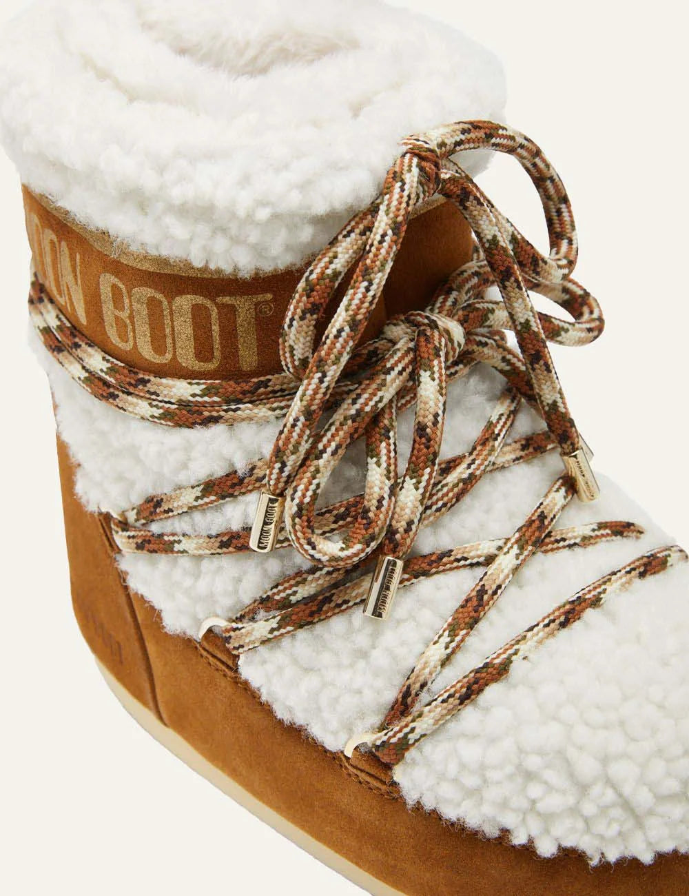Moon Boot women Icon Low brown suede and cream shearling winter boots with criss-cross laces top view close up details