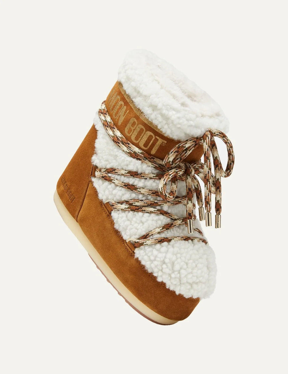 Moon Boot women Icon Low brown suede and cream shearling winter boots with criss-cross laces top view