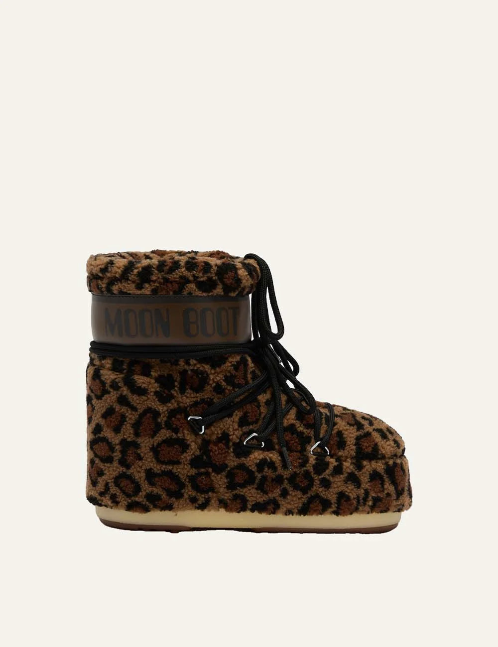 Moon Boot women Icon Low leopard print fleece winter boots with black criss-cross lacesside view