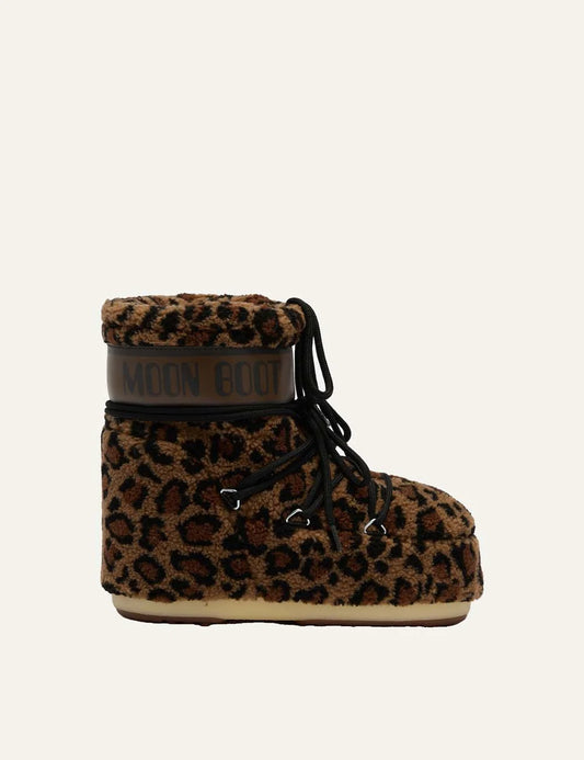 Moon Boot women Icon Low leopard print fleece winter boots with black criss-cross lacesside view