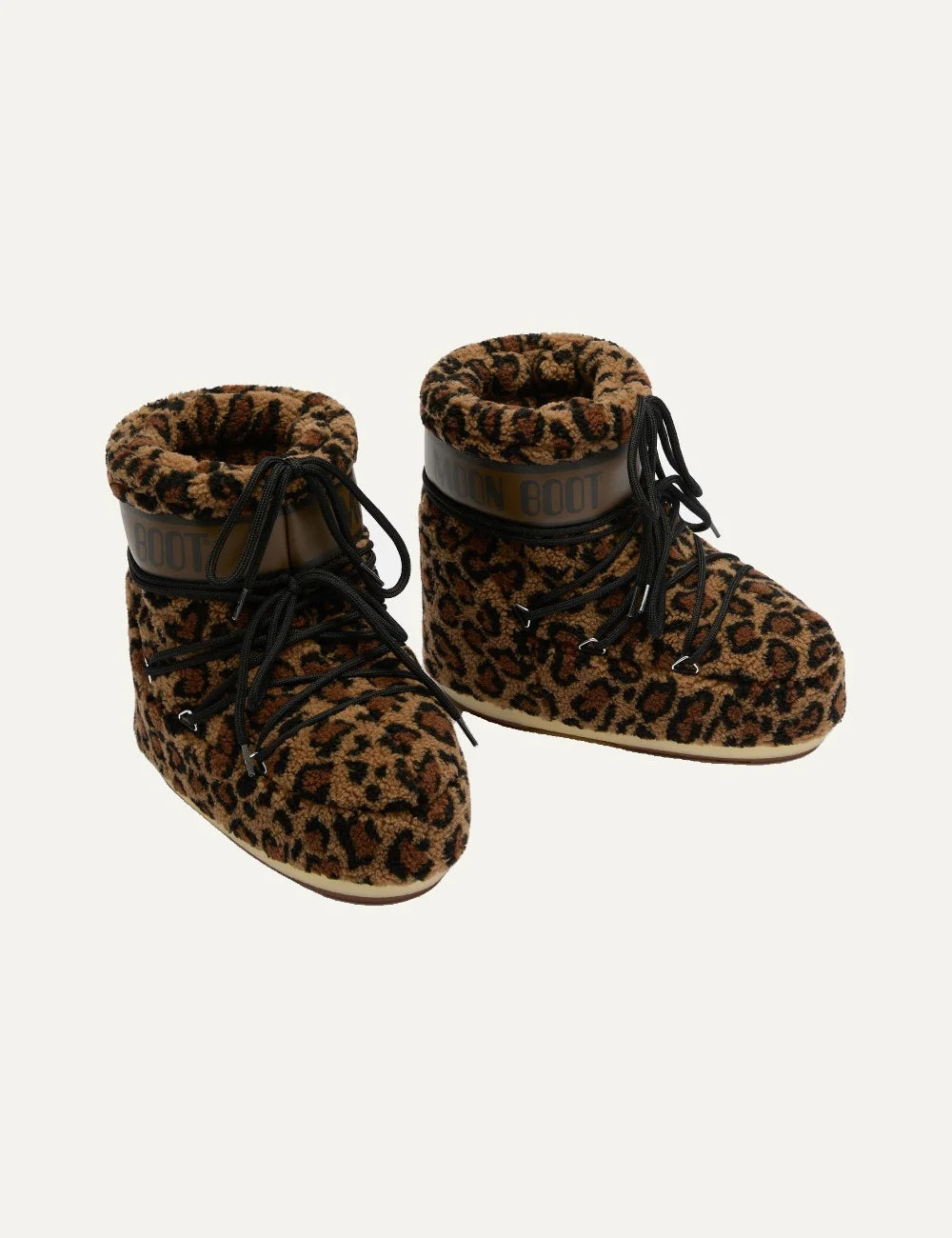 Moon Boot women Icon Low leopard print fleece winter boots with black criss-cross laces top view