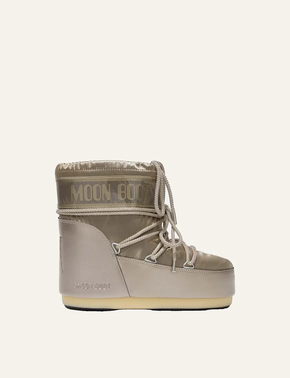 Moon Boot women Icon Low Glance Platinum satin ankle boots with logo panel and criss-cross laces side view
