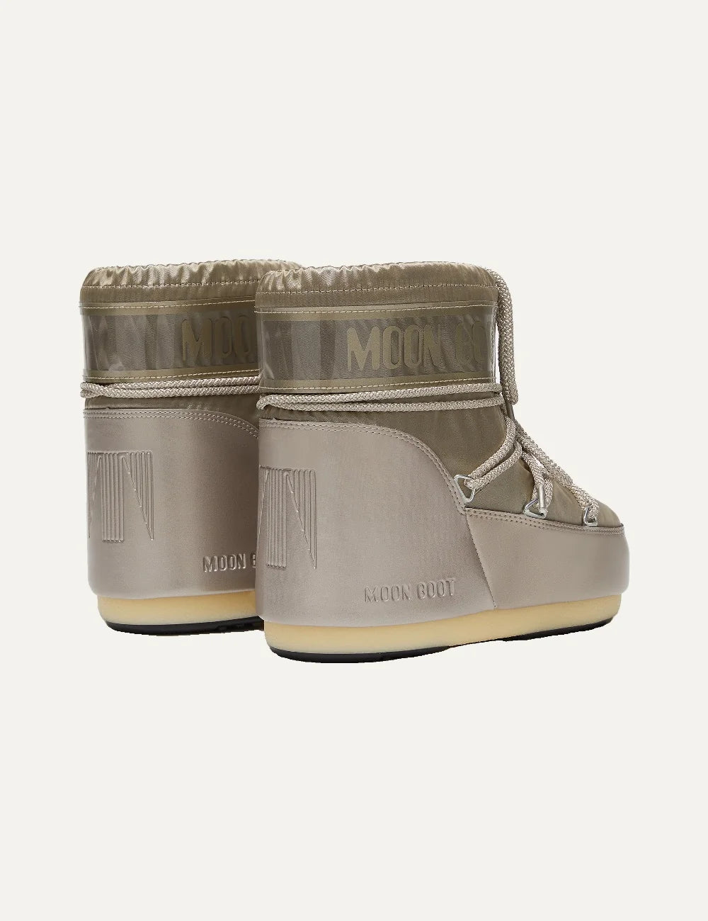 Moon Boot women Icon Low Glance Platinum satin ankle boots with logo panel and criss-cross laces back view
