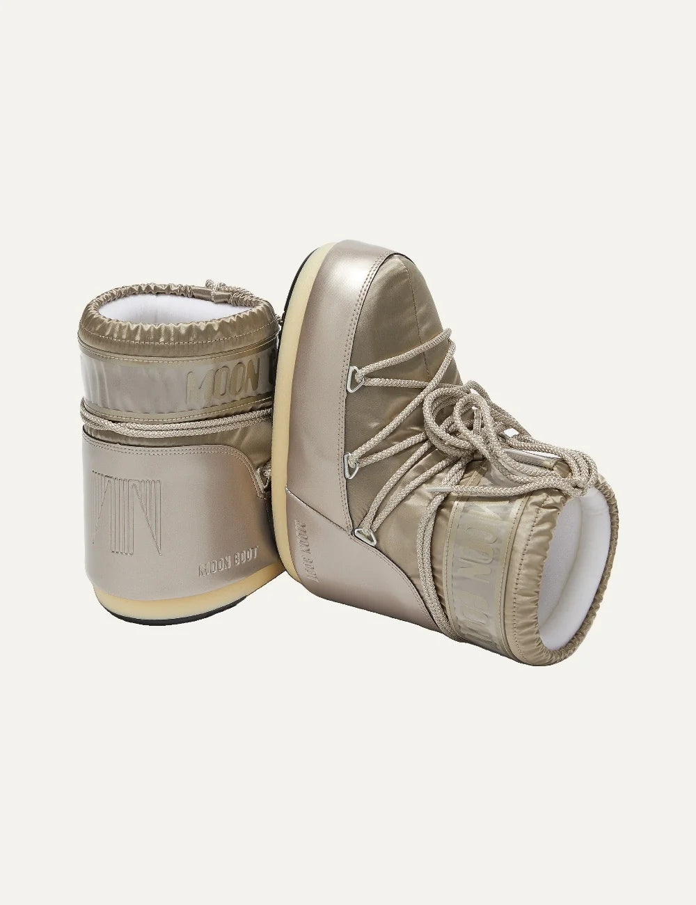 Moon Boot women Icon Low Glance Platinum satin ankle boots with logo panel and criss-cross laces pair details