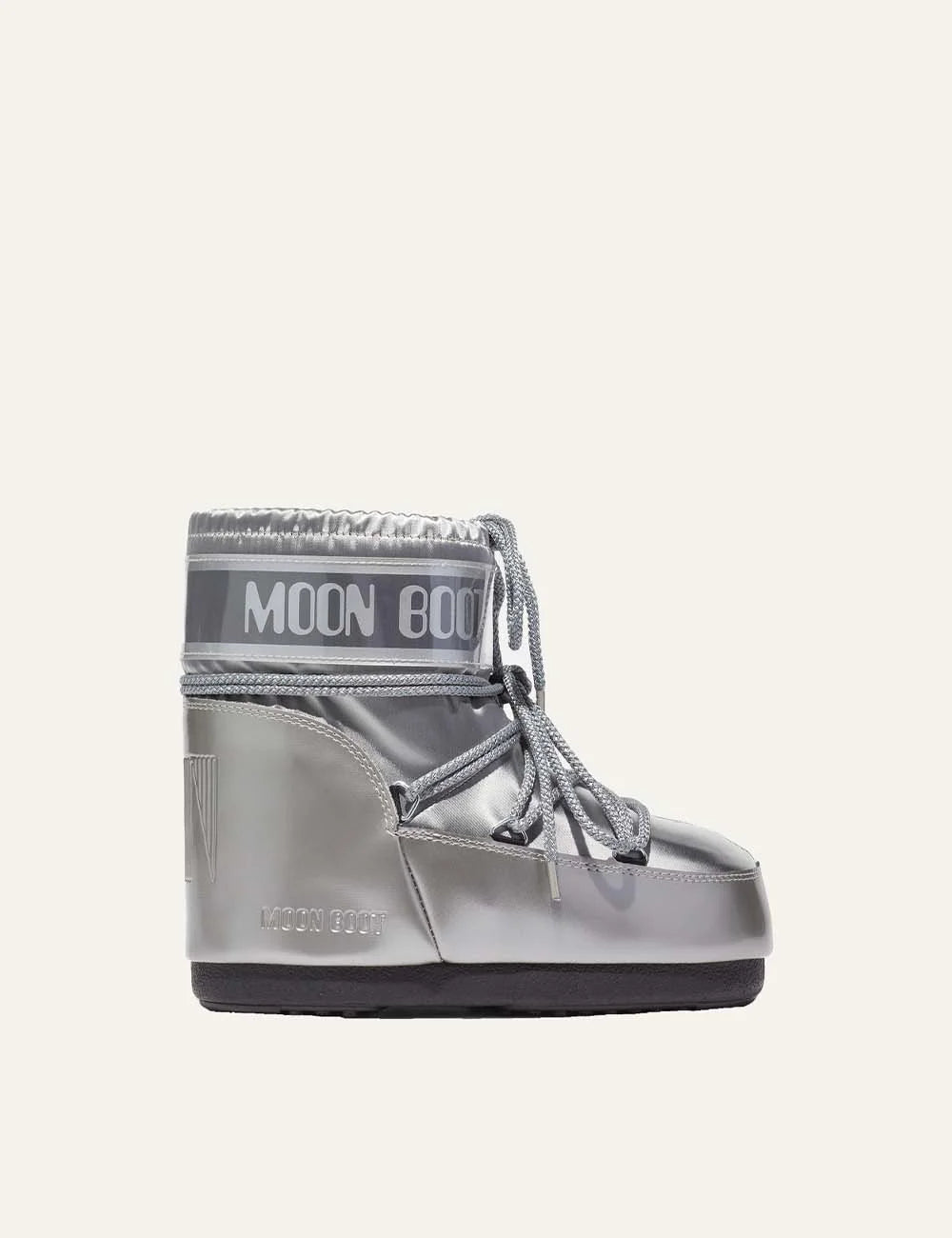 Moon Boot women Icon Low Glance silver satin ankle boots with logo panel and criss-cross laces side view