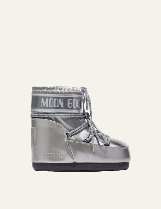 Moon Boot women Icon Low Glance silver satin ankle boots with logo panel and criss-cross laces side view