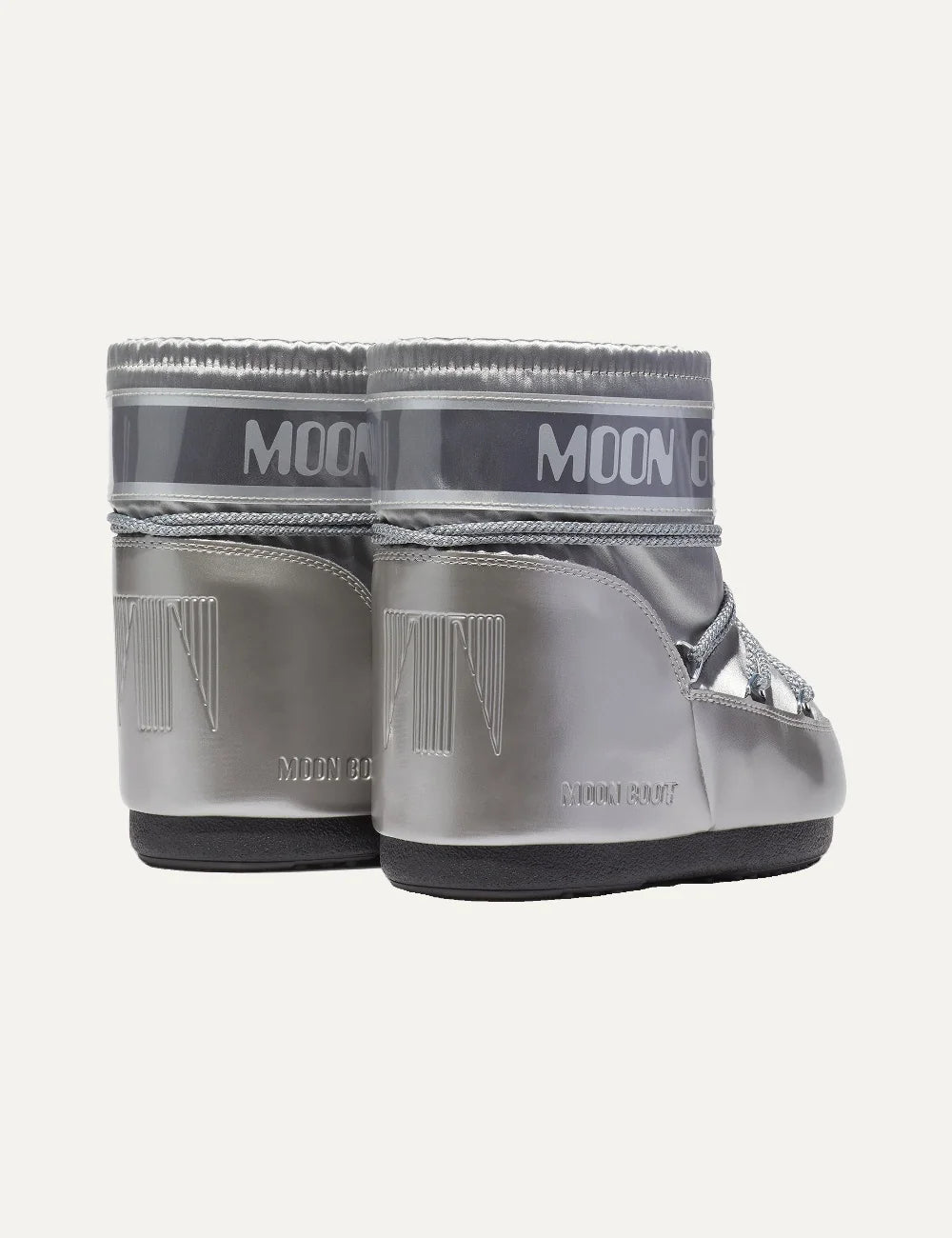 Moon Boot women Icon Low Glance silver satin ankle boots with logo panel and criss-cross laces back view